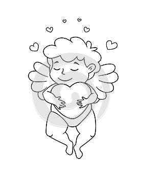 Cute dreaming Cupid with heart is flaing. Vector illustration for Valentine`s day. Black and white illustration for coloring book photo